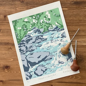 Waterfall at Chimney Rock Linocut Print, Limited Edition Linoleum Print