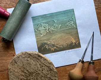 Sunrise Linoleum Block Print: Limited Edition Varied Colors