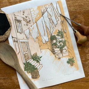 Croatia Woodblock Print, Streets of Korcula, Limited Edition Reduction Woodblock Print