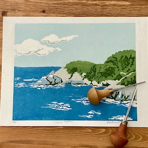 Coastal Landscape - Reduction Linocut Print, Limited Edition Linoleum Print