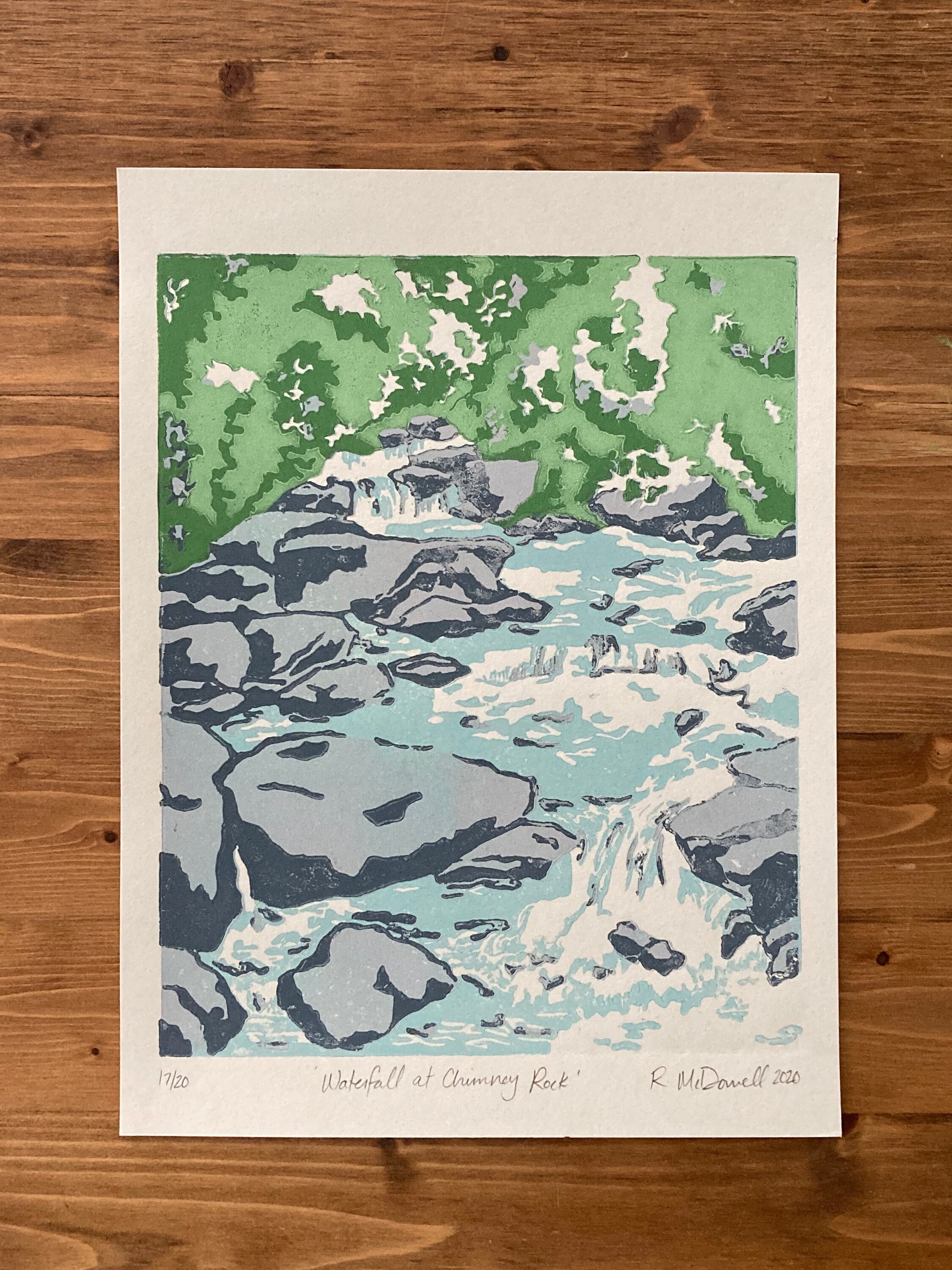 Waterfall at Chimney Rock Linocut Print, Limited Edition Linoleum Print ...