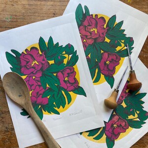 Peony Print, Floral Block Print, Limited Edition Reduction Print