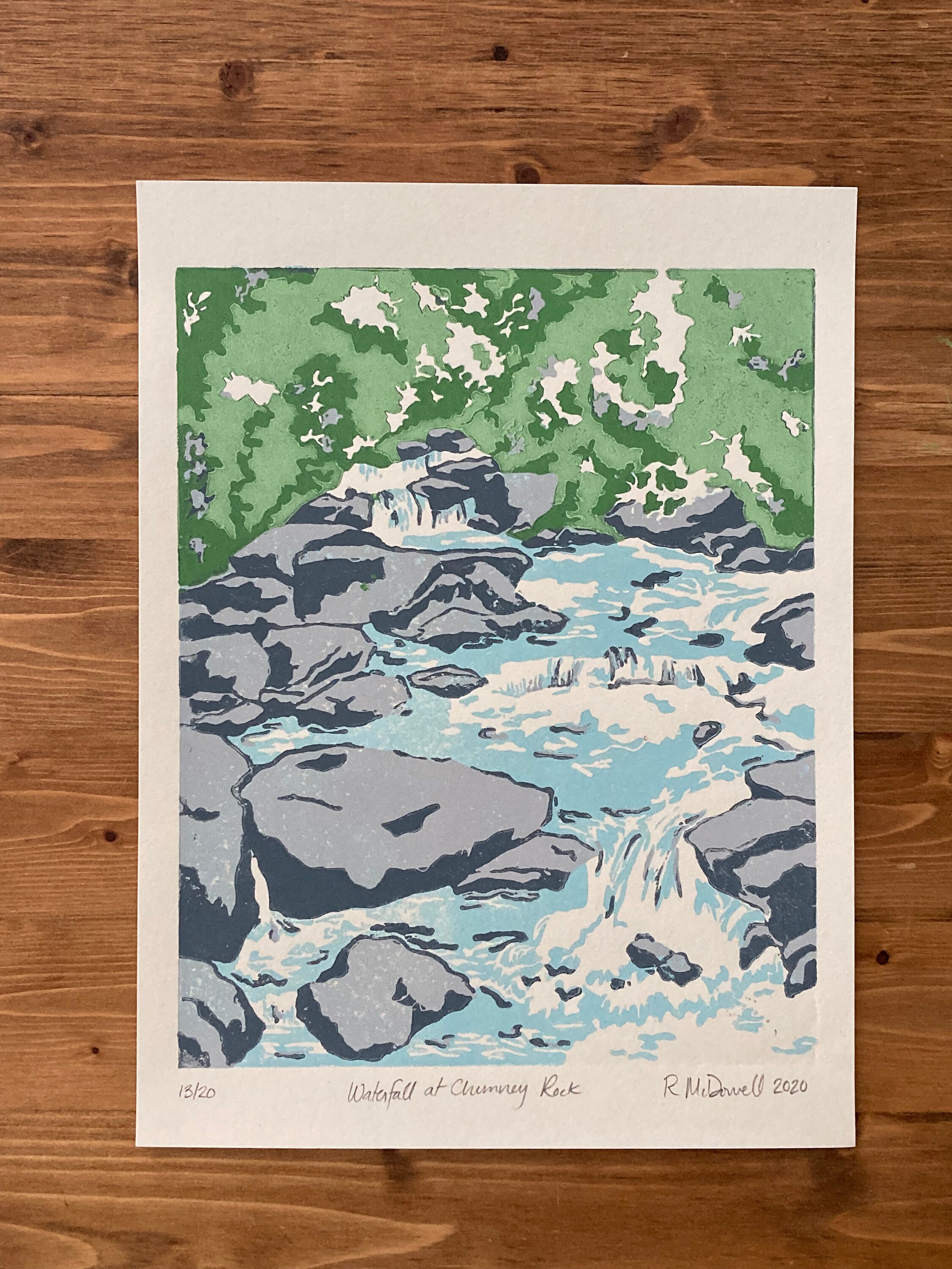 Waterfall at Chimney Rock Linocut Print, Limited Edition Linoleum Print ...