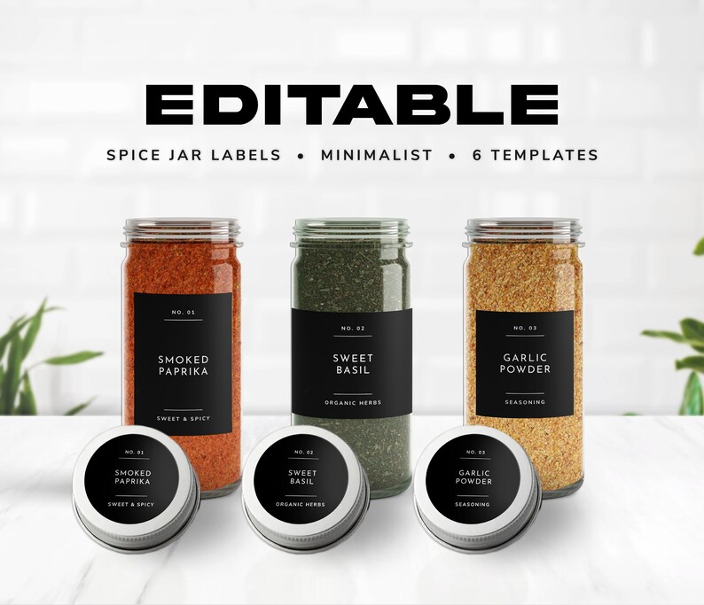 Minimalist Spice Jar Label Templates Printable Spice Labels for Jars, Caps, Lids 6 Editable