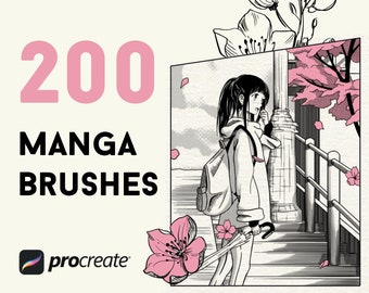 200 Manga Brushes for Procreate, Manga procreate brushes, speedline, lace, sakura, foliage, halftone, patterns etc