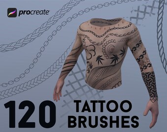 Puede incluir: Una ilustración digital de 120 pinceles de tatuaje para Procreate. La imagen muestra el torso y los brazos de una persona con varios diseños de tatuaje, incluyendo cadenas, patrones geométricos y motivos florales.