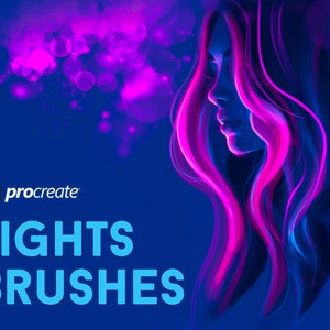 Peut inclure: Logo de l'application Procreate avec le texte "LIGHTS BRUSHES" en bleu sur un fond bleu foncé avec un visage de femme et des cheveux roses et violets avec un effet bokeh en arrière-plan.