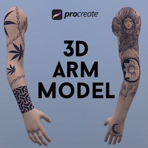 May include: Two 3D arm models with different tattoos. The arm on the left has a black and white tattoo of a chain, leaves, and geometric shapes. The arm on the right has a black and white tattoo of an angel with wings, a crescent moon, and a sun.