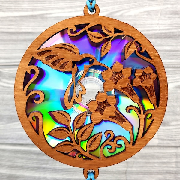 Hummingbird suncatcher, Repurposing dvd, Laser Cut File, Glowforge