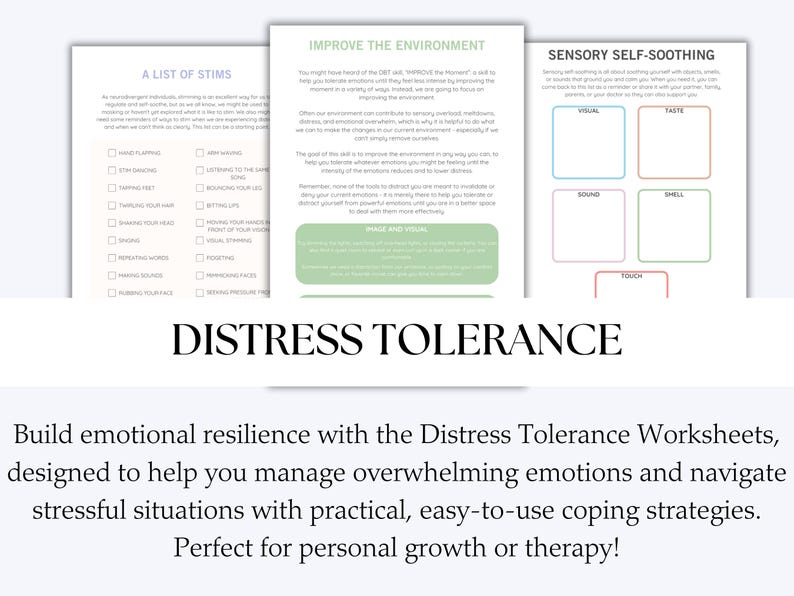 Distress Tolerance DBT Worksheets for Emotional Regulation Mindfulness