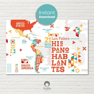 Cartel de Hispanohablantes / Impresión 21 países de habla hispana / Decoración del aula de español / Profesora de español / Descarga digital 5 formatos