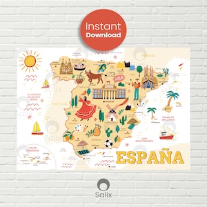 Kaartposter van Spanje | Klaslokaaldecoratie Spanje | Kinderkaart van Spanje | Digitale download in 5 verschillende indelingen