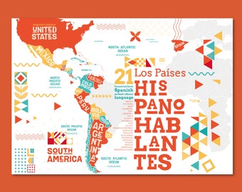 May include: A colorful map of the Americas with a focus on South America. The map shows the countries where Spanish is an official language. The text "21 Los Países Hispanohablantes" is displayed on the map.