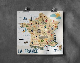 Frankreich Map Poster: Illustrierte französische Wahrzeichen (Digitaler Download)