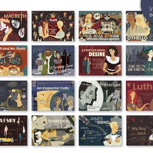Set of 16 English Literature Art Prints  | 16 Posters for English Classroom | Classic Literature Wall Art