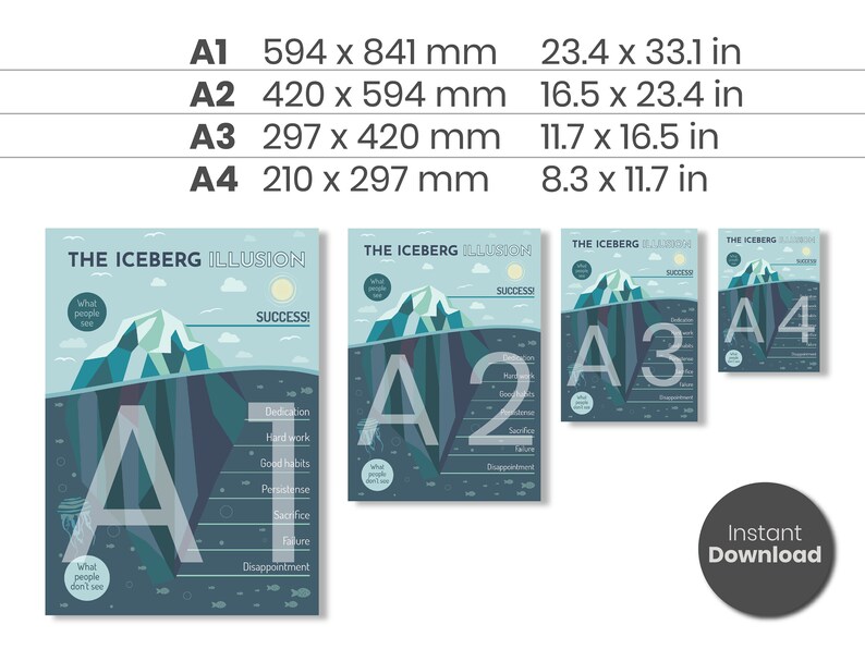 May include: A poster with a blue and white iceberg illustration. The iceberg is labeled "The Iceberg Illusion" and shows the visible and hidden parts of success. The poster is available in four sizes: A1 (23.4 x 33.1 inches), A2 (16.5 x 23.4 inches), A3 (11.7 x 16.5 inches), and A4 (8.3 x 11.7 inches).