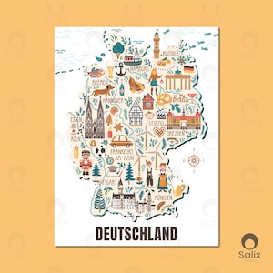 May include: A decorative map of Germany with illustrations of landmarks, food, and cultural symbols. The word "DEUTSCHLAND" is printed in bold black letters at the bottom of the map. The map is on a white background.