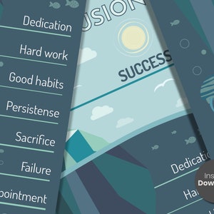 May include: A blue and green illustration with the word "Success" at the top. The illustration shows a sun, clouds, and mountains. Below the word "Success" is a list of words: Dedication, Hard work, Good habits, Persistense, Sacrifice, Failure, Disappointment.