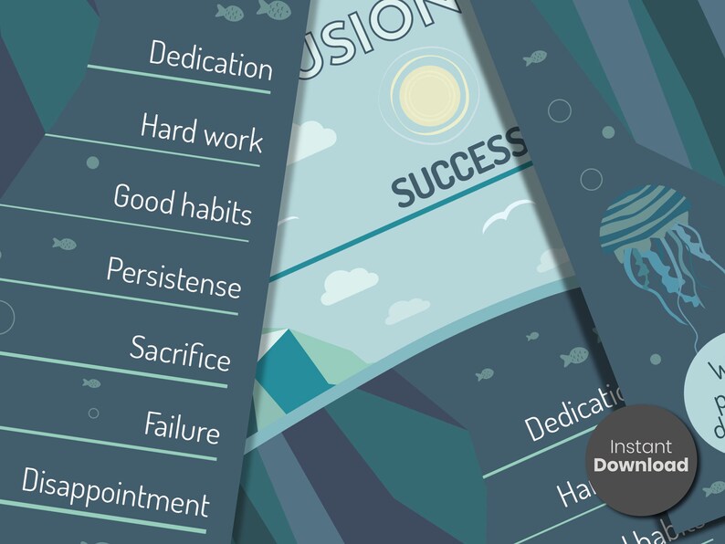 May include: A blue and green illustration with the word "Success" at the top. The illustration shows a sun, clouds, and mountains. Below the word "Success" is a list of words: Dedication, Hard work, Good habits, Persistense, Sacrifice, Failure, Disappointment.