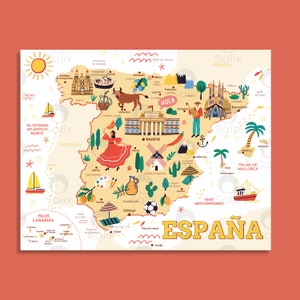 Könnte beinhalten: Eine farbenfrohe illustrierte Karte von Spanien mit verschiedenen Sehenswürdigkeiten, Städten und Regionen. Die Karte enthält Symbole, die beliebte Attraktionen, Essen und kulturelle Elemente darstellen. Der Text "ESPAÑA" ist prominent in der unteren rechten Ecke dargestellt.