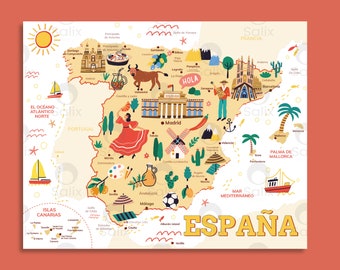 Spain Classroom Map | Kids Geography Poster | Spanish Landmarks Printable