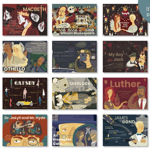 Set of 12 English Literature Art Print | English Classroom Posters | Classic Literature Wall Art | Digital Dowload