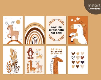 Nursery art set of 8 posters | Neutral animal art set for baby room | Printable nursery Decor | Digital