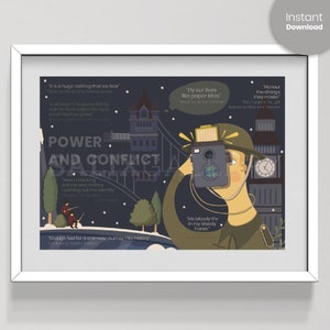 以下が含まれることがあります： 軍服を着た人物がカメラを持っているデジタルイラストで、背景には街並みが描かれています。イラストは濃い青色で、白い星とテキストが描かれています。テキストには、力と対立に関する引用が書かれています。