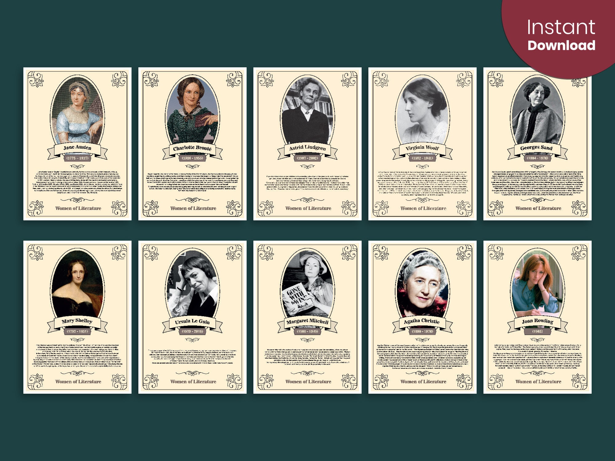 Set of 10 Women in Literature Posters |  Women Writers Prints | Feminist Prints | Classic Literature Classroom Decor