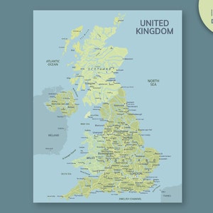 Puede incluir: Un mapa detallado del Reino Unido, que muestra las principales ciudades y regiones. El mapa es de color azul claro con acentos verdes y amarillos. El mapa incluye los países de Inglaterra, Escocia, Gales e Irlanda del Norte.