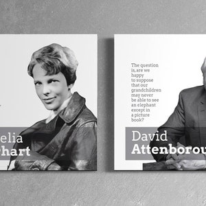 May include: Two black and white portraits of famous people with inspirational quotes. Amelia Earhart's quote is "The most effective way to do it, is to do it." David Attenborough's quote is "The question is, are we happy to suppose that our grandchildren may never be able to see an elephant except in a picture book?"