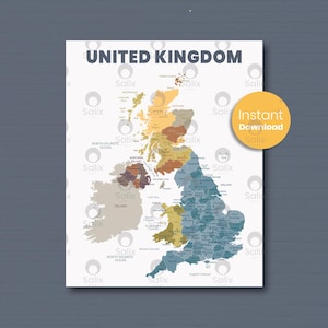 May include: A detailed map of the United Kingdom, featuring a color-coded representation of its regions. The map includes the text "United Kingdom" at the top and a circular "Instant Download" graphic. The map is on a white background.