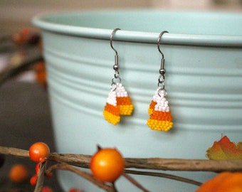 Candy corn earrings, halloween jewelry, dangle earrings
