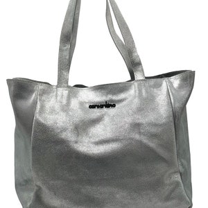 Genova Silver Suede leather minimalist tote bag, zipper, genuine leather, silver Leather, Laptop tote, Student Tote