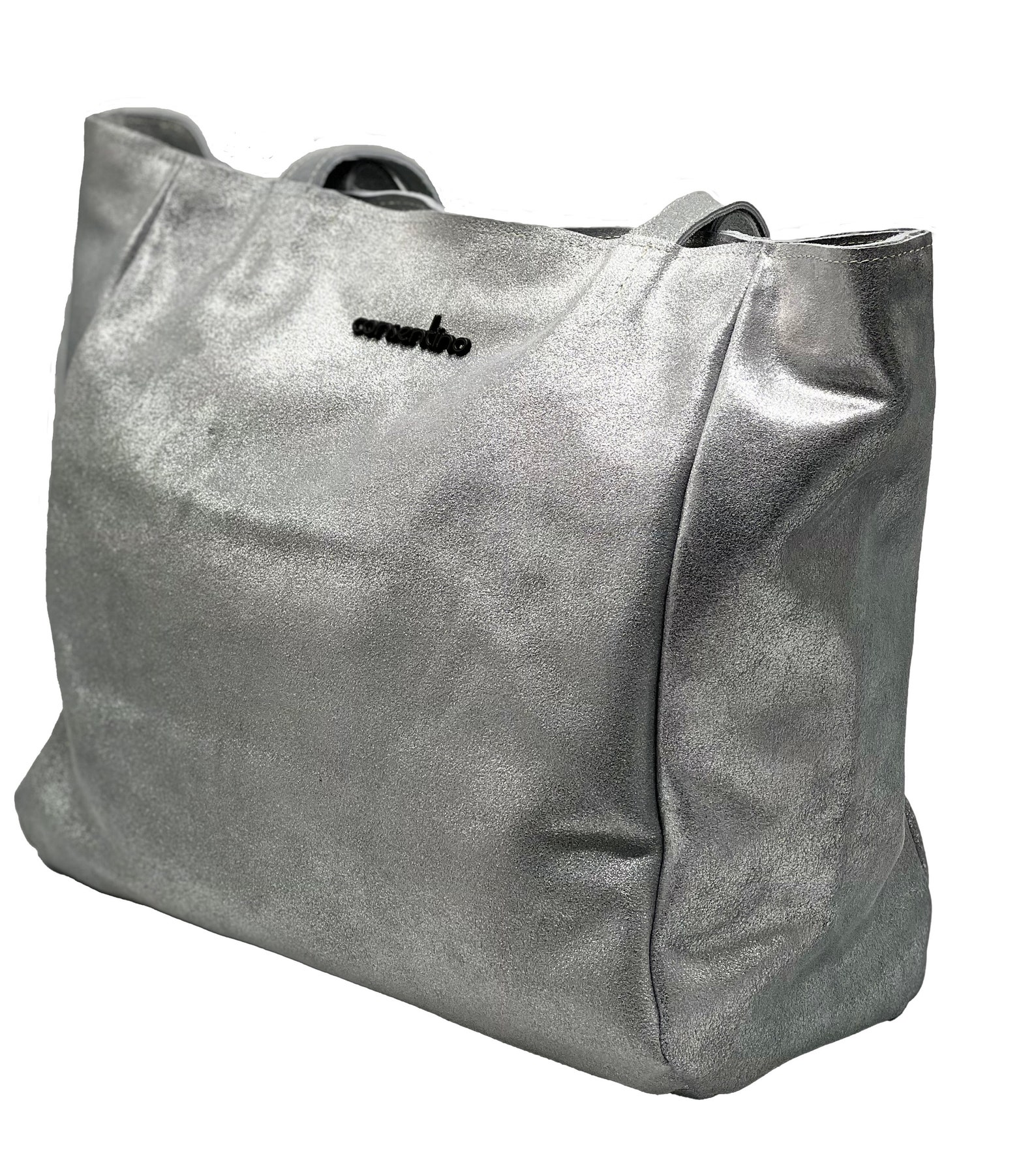Genova Silver Suede Leather Minimalist Tote Bag, Zipper, Genuine
