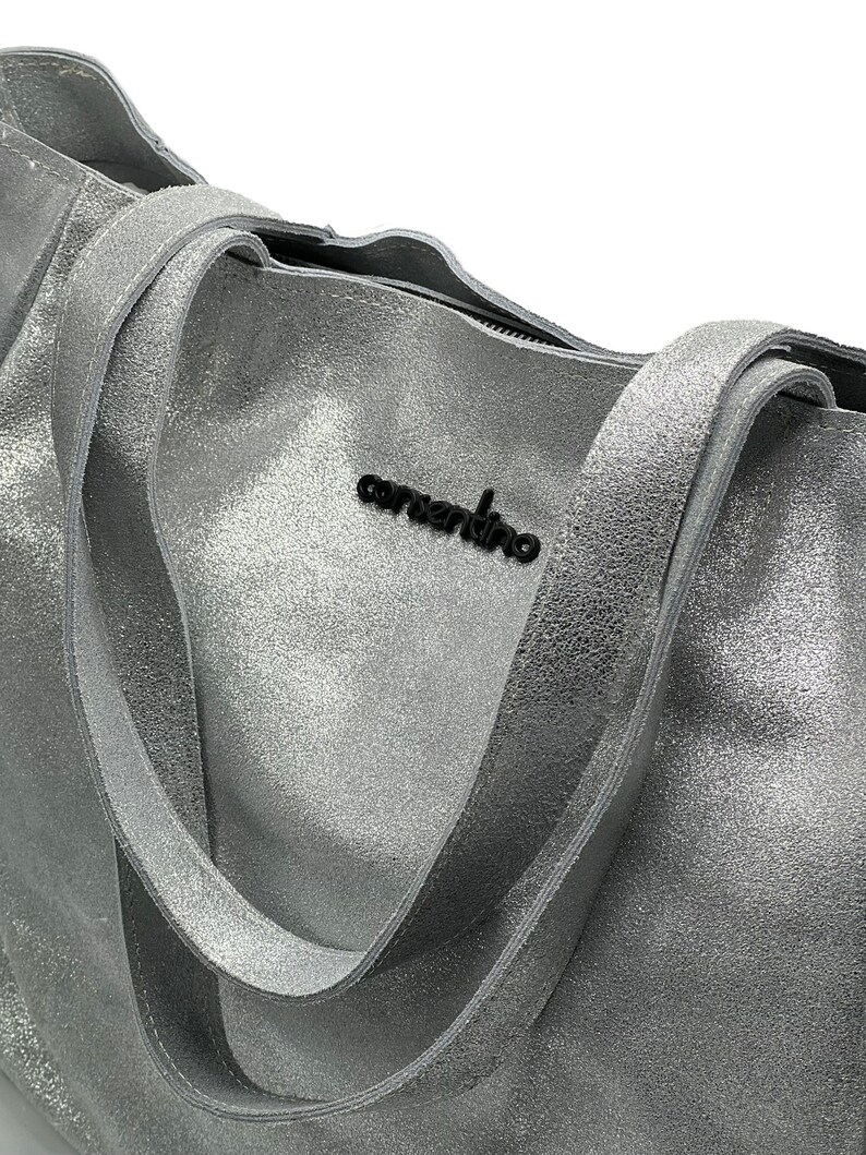 Genova Silver Suede Leather Minimalist Tote Bag, Zipper, Genuine