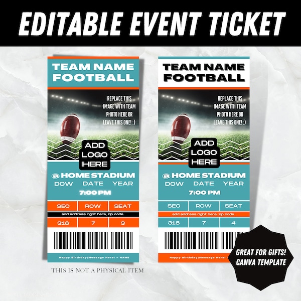 Printable/Editable Miami Teal + Dolphins Color + Orange Football Game/Event Tickets for Gift Giving