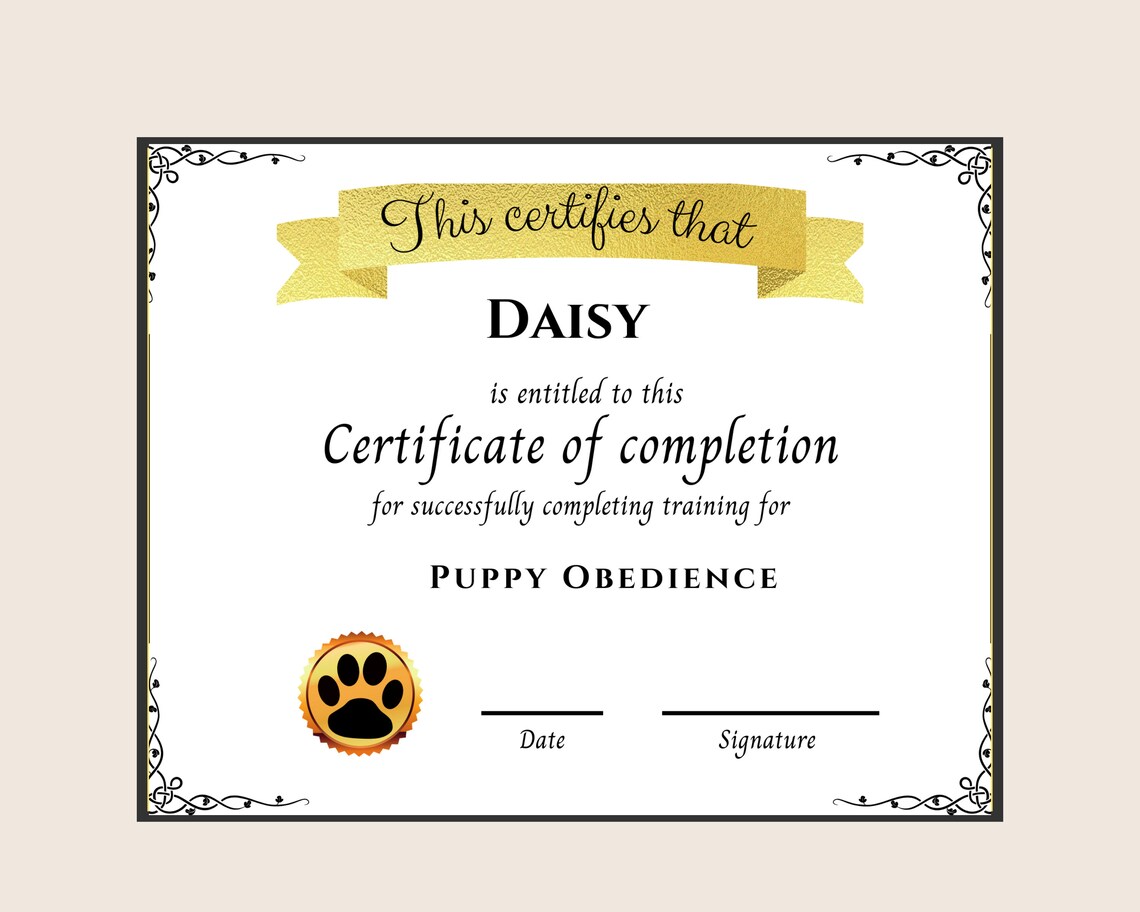 Puppy Training Certificate Dog Training Certificate Puppy Etsy