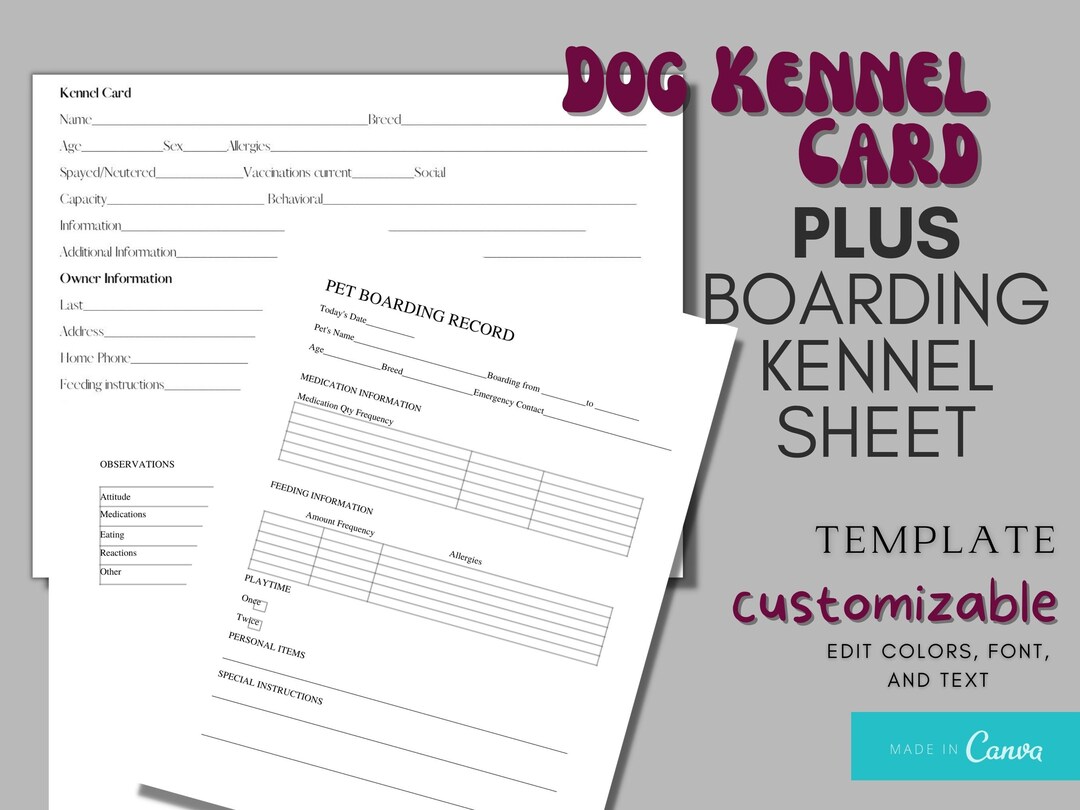 Dog Boarding Kennel Sheet Plus Kennel Card Bundle Puppy Boarding Dog