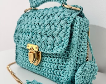 Borsa Marshmallow fatta a mano, Mini Bag uncinetto, Borsetta uncinetto celeste, Borsa tracolla uncinetto azzurra, Borsa primavera estate