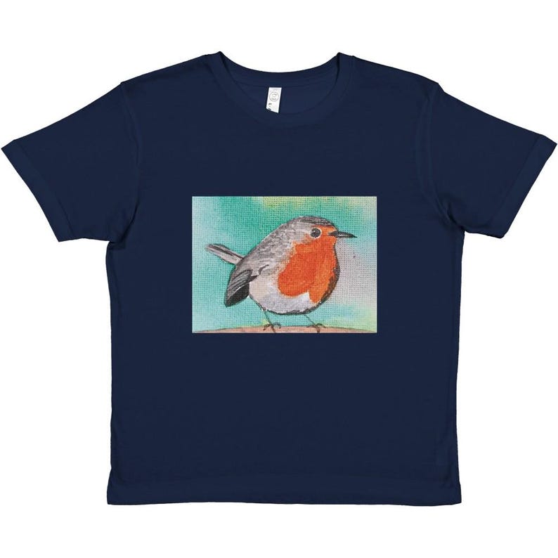 Premium Kids Crewneck T-shirt with my Original "Robin" design created from my original Canvas Painting Navy