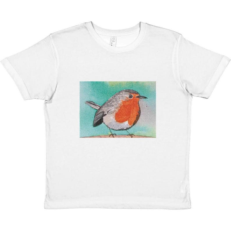 Premium Kids Crewneck T-shirt with my Original "Robin" design created from my original Canvas Painting White