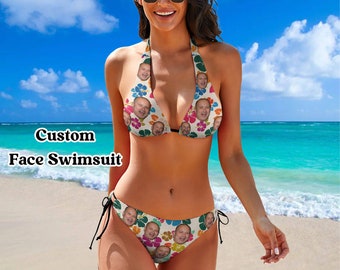 Custom Face Bikini Sets,Strappy Bikini Swimsuits,Personalized Photo Bikini for Girlfriend,Summer Beach Bachelorette Party Gift for Women