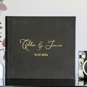 Personalized Black Wedding Guest Book: Gold Lettering, Instax Photo Album