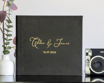 Personalized Black Wedding Guest Book: Gold Lettering, Instax Photo Album