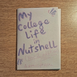 May include: A handwritten note on a light blue piece of paper with the text "My College Life in Nutshell (Year 2 addition) by @starlightdelta".