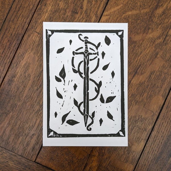 Fantasy Sword - Original Linocut Print | Fantasy art print | DnD art print | Black and White Print