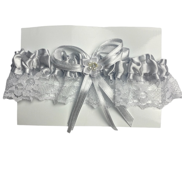 Silver (light gray) satin Wedding garter in keepsake box