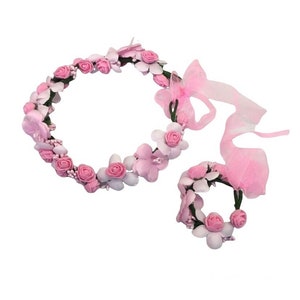 Pink Flower Girl Halo and Bracelet, floral head wreath, flower crown, flower tiara