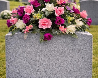 Cemetery Headstone Saddle Arrangement, Pink Purple White Flowers, Funeral Gravesite Memorial